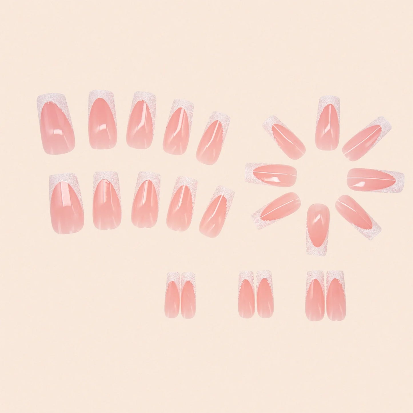 24Pcs Shimmery Long Coffin False Nails with Glue Ballerina Nail Design Sweet Fashion French Press on Acrylic Nails Manicure Tips