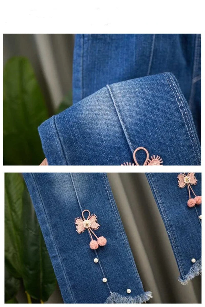 Autumn Girls Jeans Fashionable Bow-Design Denim Flared Pants Elastic Waist Solid Color Trousers for Teenage Kids