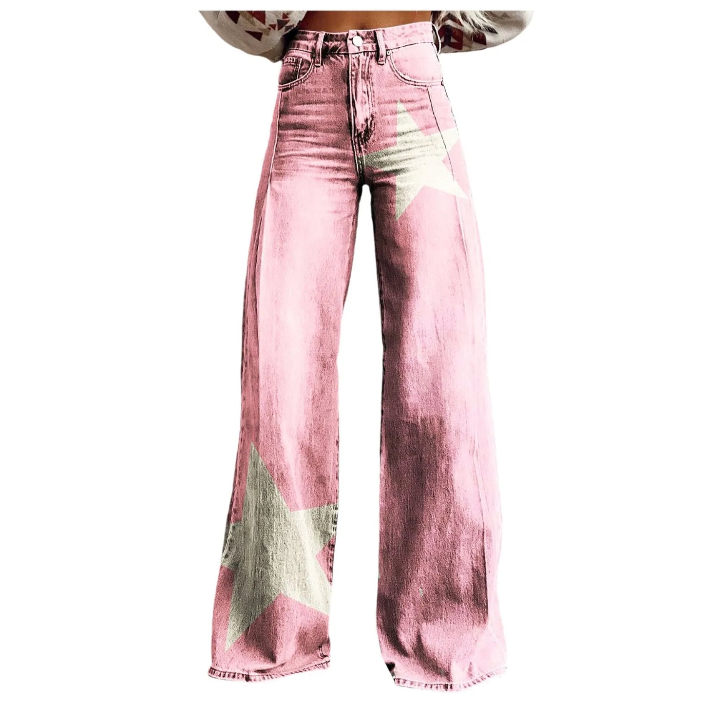 Casual Vintage Wide Leg Imitation Jeans High Waisted Women's Fashion Loose Fit Denim Pants with 90s Floral Print and Pocket Button