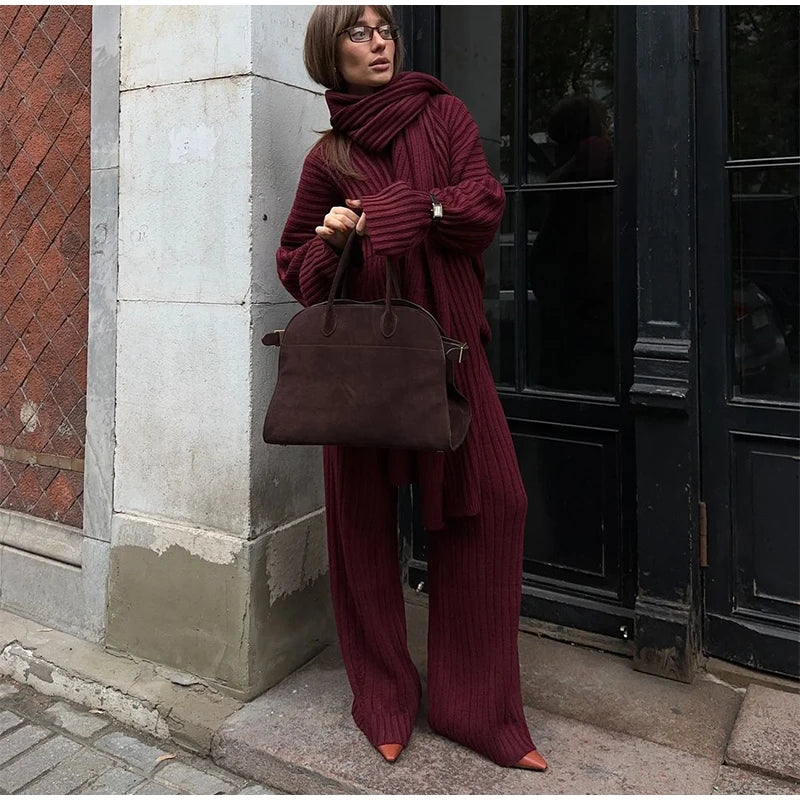 Oversize Knitted Women's Set V-Neck Full Sleeve Scarf Pullover Long Trousers Casual Loose Lady Suit for Autumn