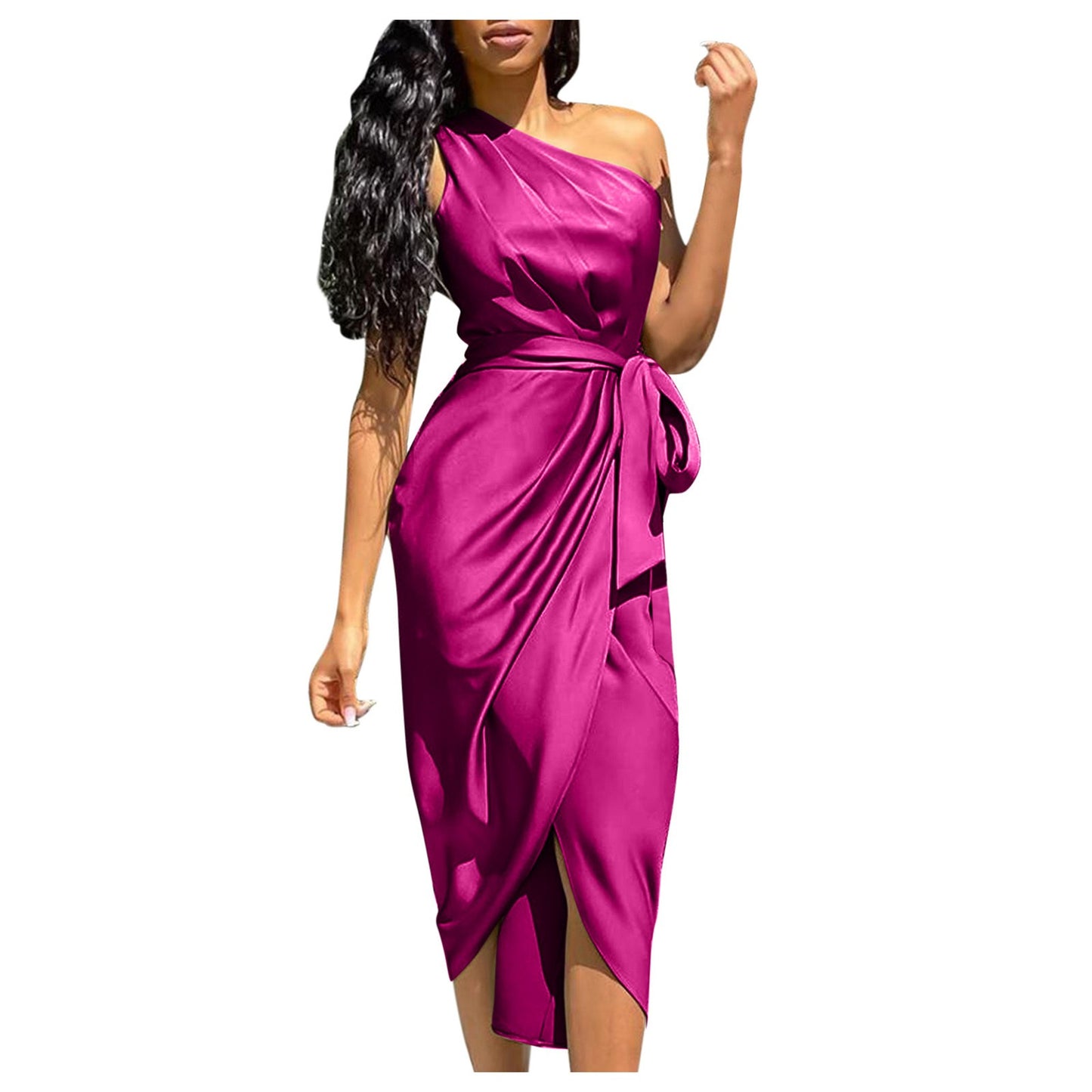 Women Prom Cocktail Dresses Sexy Solid One Shoulder Ruched Slit Belted Waist Dress Sleeveless Formal Occasion Dresses 원피스
