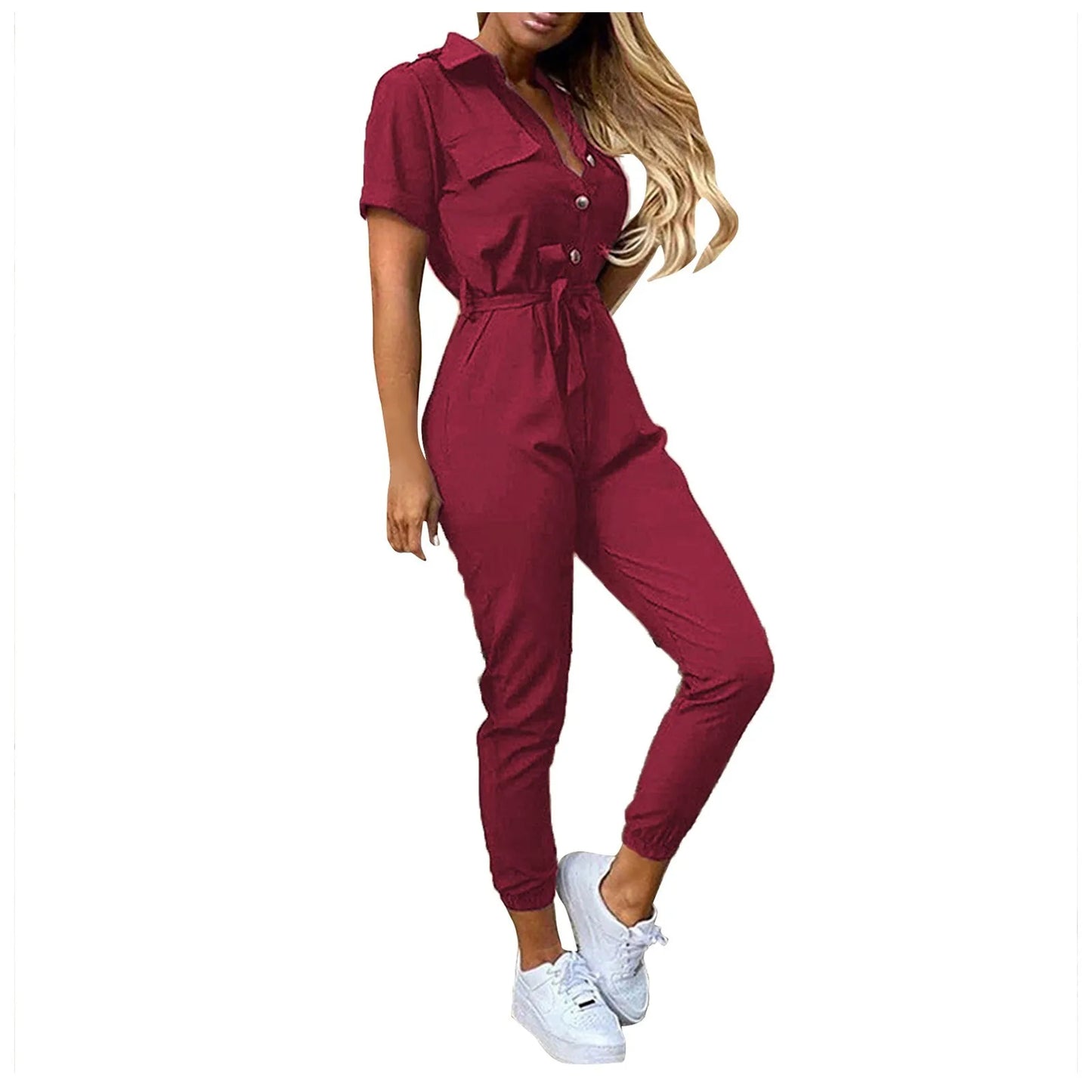 Women's Casual Lapel Lace-Up Printed Belt Short Sleeve Jumpsuit Summer Fashion Workwear Keep Short Eye Catching Junior Size
