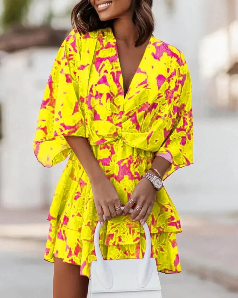 Women's Spring And Autumn Sexy Chiffon V-neck Loose Bat Sleeve Print Dress Women's Fashion Casual 5/4 Sleeve Dress Vestidos