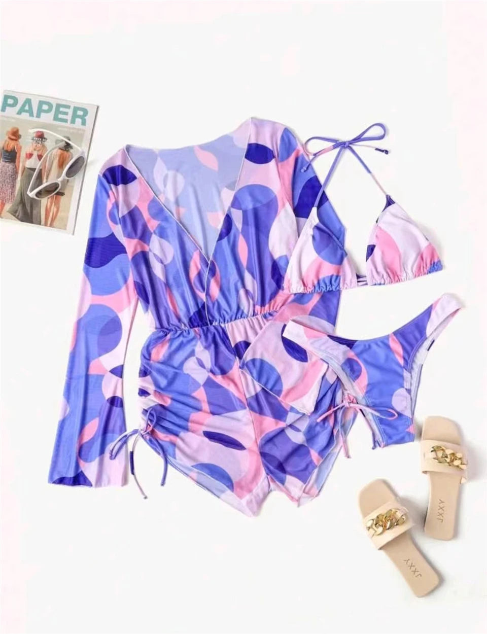 3 pieces Halter Bikini Tropical Print Swimsuit Drawstring Side Swimwear Women Long Sleeve Bathing Suit Female Swimming Beachwear