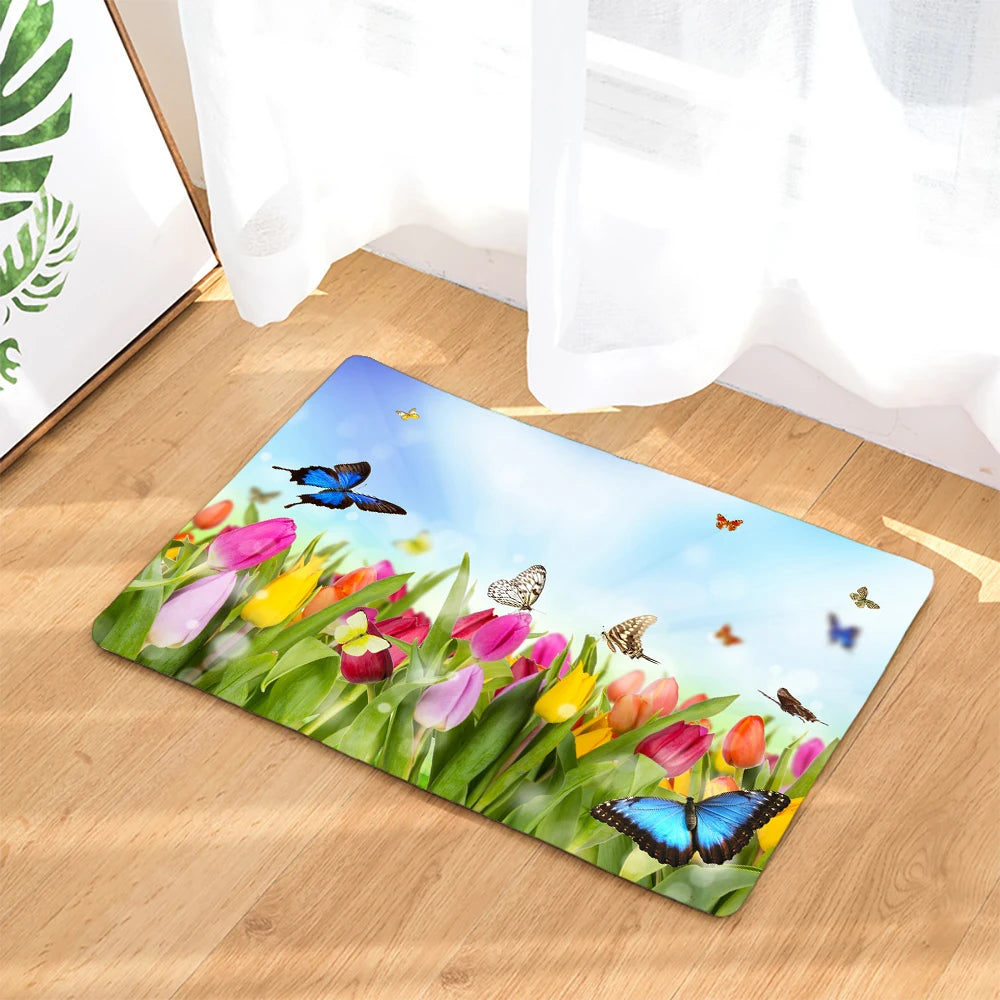 Butterfly Rose Flower Printed Waterproof Bathroom Shower Curtain Set Non-Slip Bath Mat Rug Sets Toilet Cover Bathroom Decor