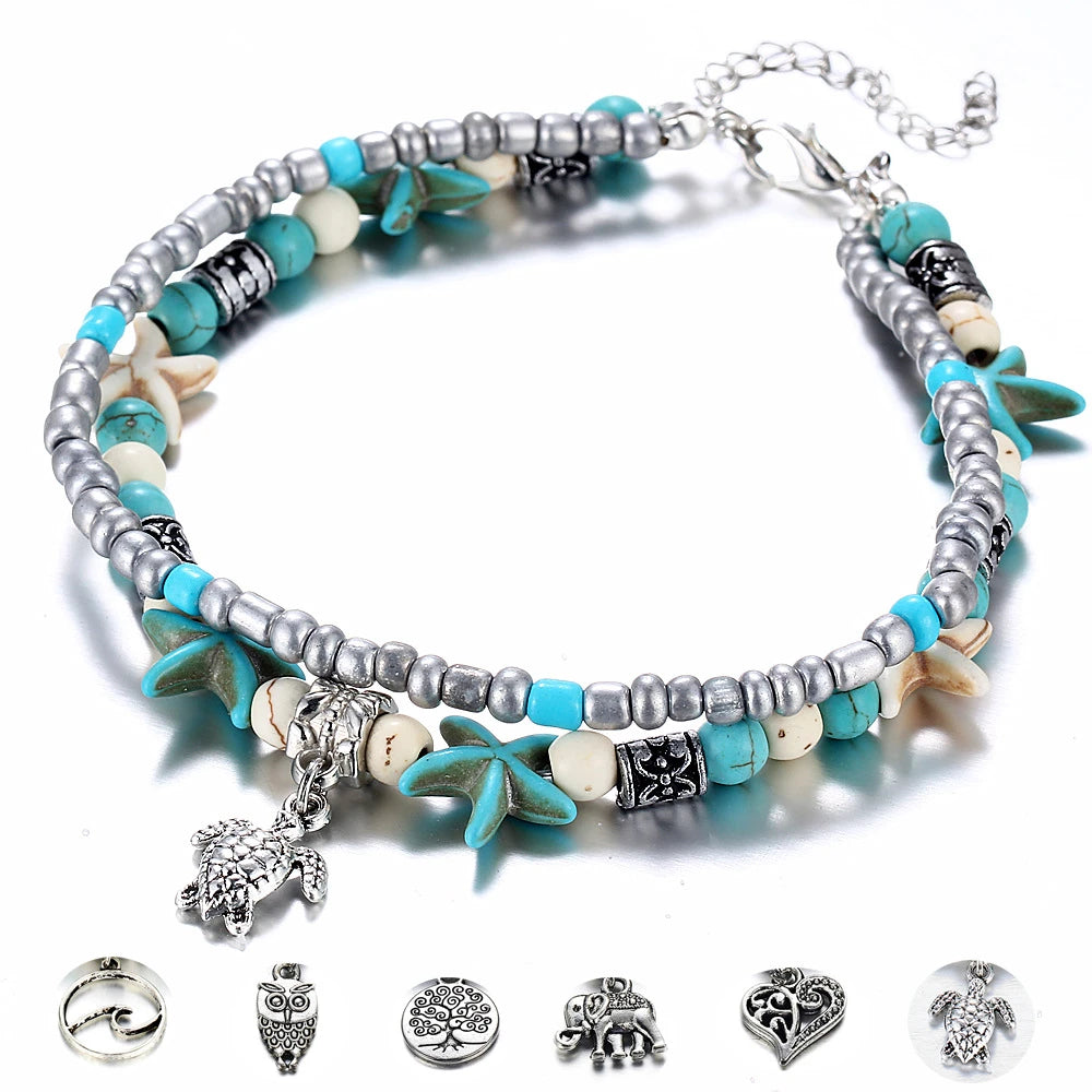 Softones Blue Starfish Turtle Anklet Multilayer Charm Beads Sea Handmade Boho Anklet Foot Jewelry for Women Girl