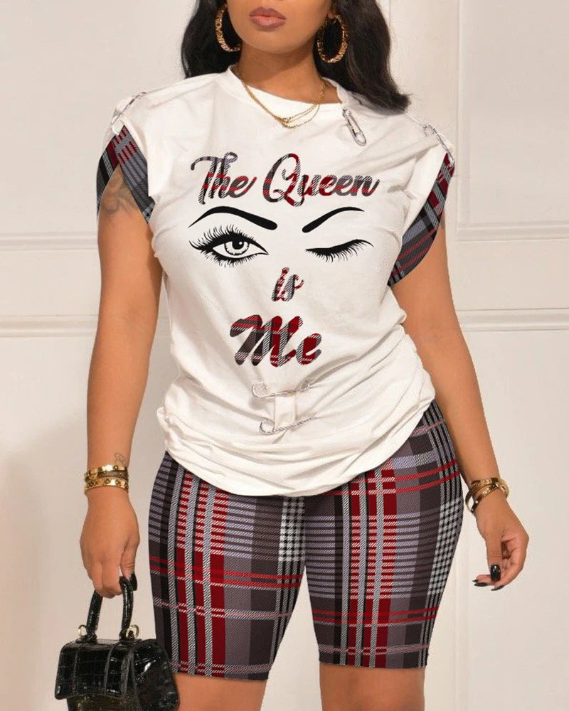 Casual Short Sleeve Tshirt Shorts Set Office Lady Spring Summer Fashion O-neck Letter Print Two Piece Set Women Outfit 2023
