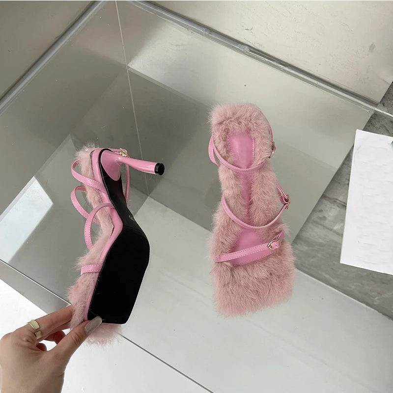 Liyke Size 35-40 Summer Party Dress Pink Sandals Women 2025 Fashion Fur Feather Thin High Heels Square Toe Buckle Strap Shoes