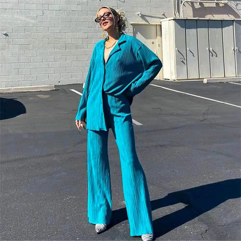 New Spring And Autumn Suit Women's Pleated Lapel Shirt Loose Casual Suit Solid Color Drape Pleated Casual Suit