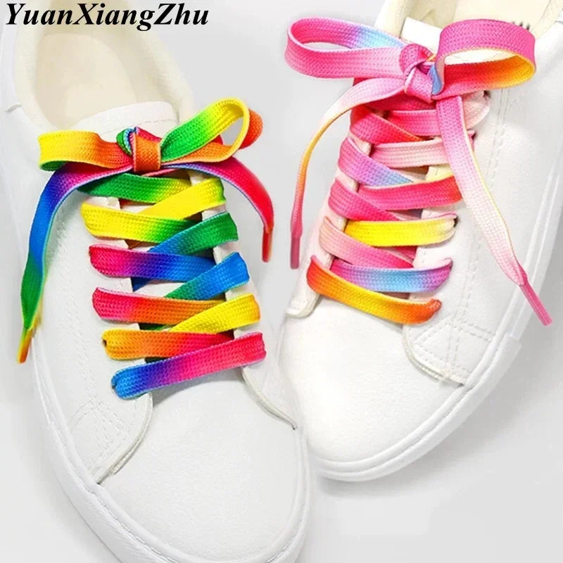Colorful Rainbow Gradient Flat Shoelaces for Canvas Casual Shoes Chromatic Colour 80CM/100CM/120CM/150 Length Eye Catching Short Laces