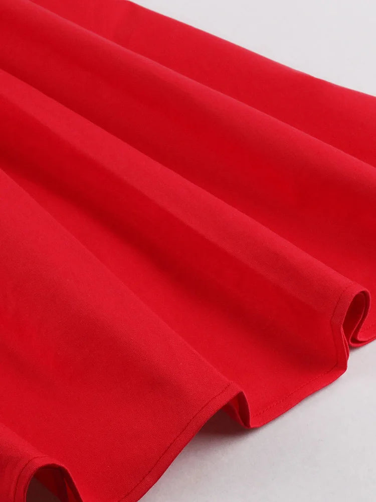 Tonval Red Pleated Plain Solid Vintage Dress Women Wrap V-Neck Belted Elegant Party Retro Cotton Summer Dresses