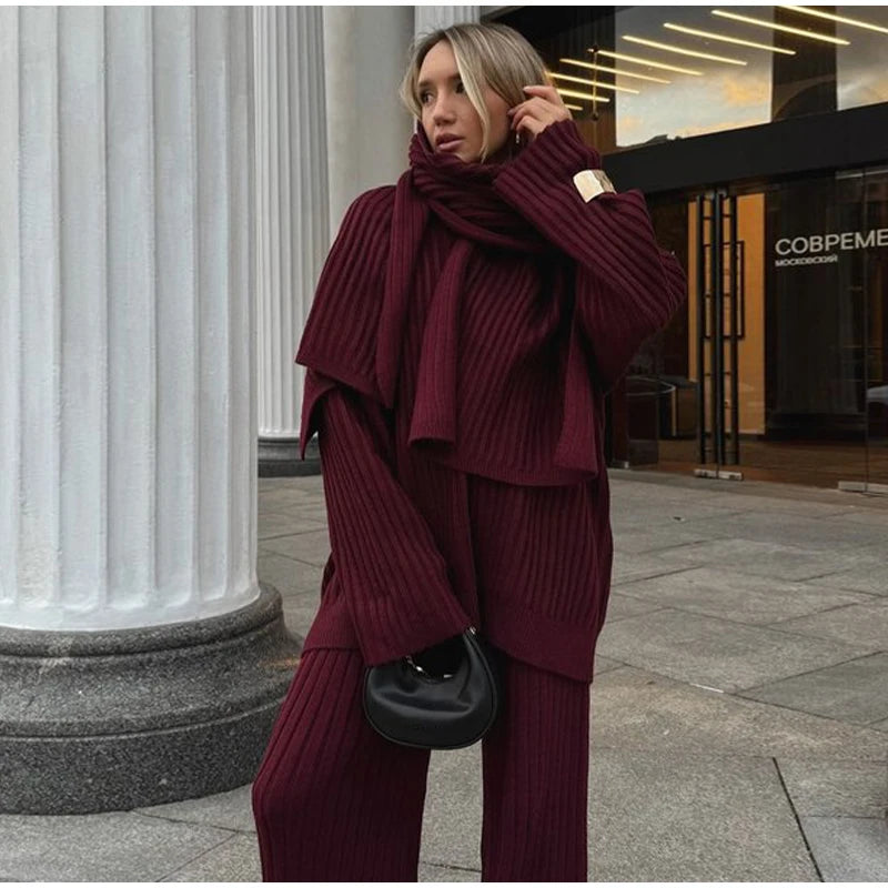 Oversize Knitted Women's Set V-Neck Full Sleeve Scarf Pullover Long Trousers Casual Loose Lady Suit for Autumn