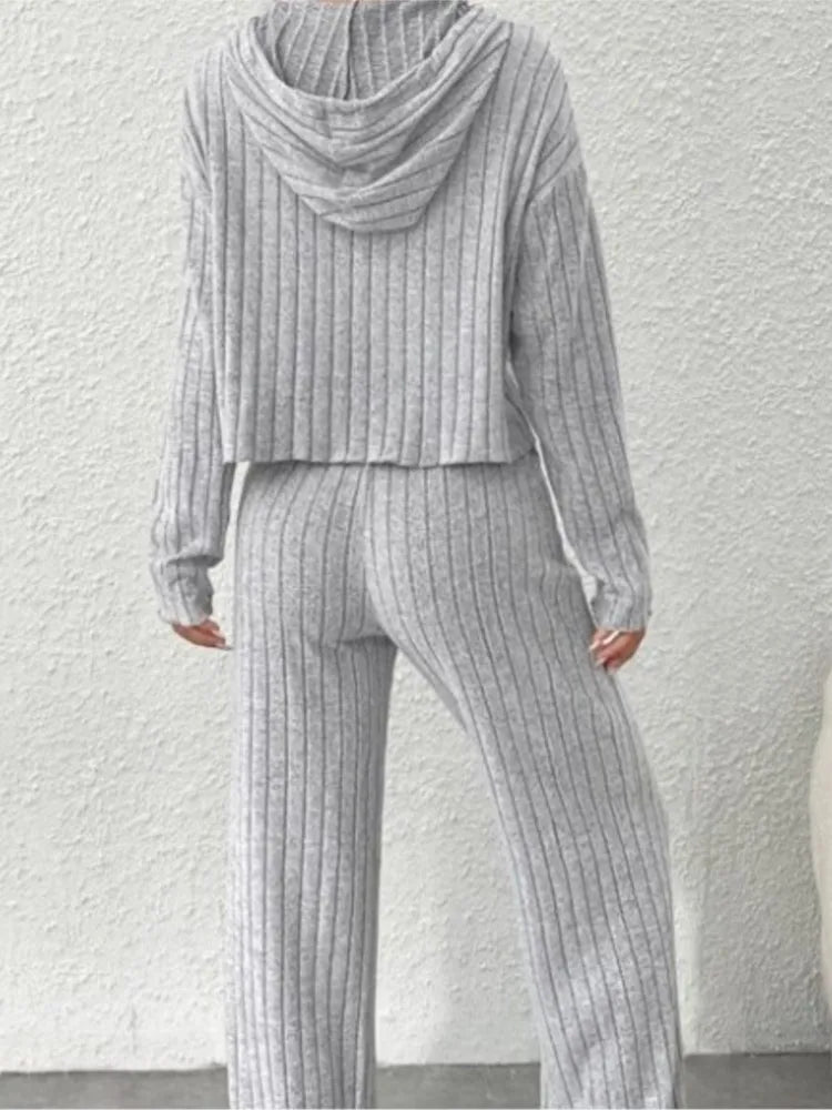 Spring and Autumn Women's New Solid Color Casual Knitted Striped Hooded Sweatshirt Loose Long Sleeved Long Pants Two-piece Set
