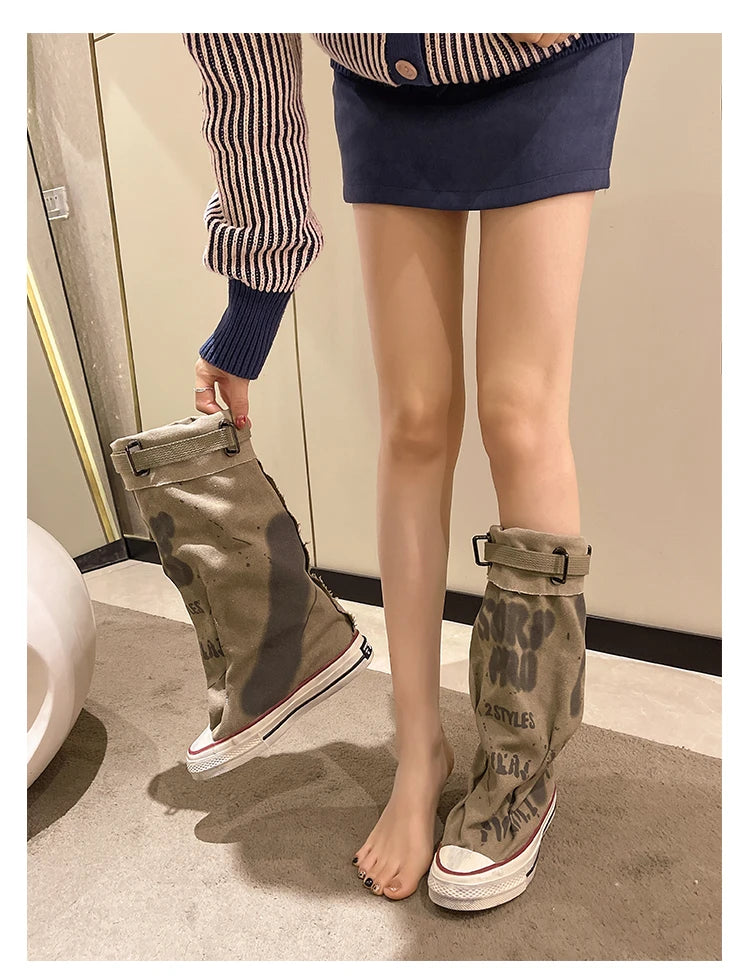 Women's Spring Graffiti High Canvas Boots Round Head Middle Follow Anti-slip Boots Women Leisure Fashion Rubber Sole Botas Mujer