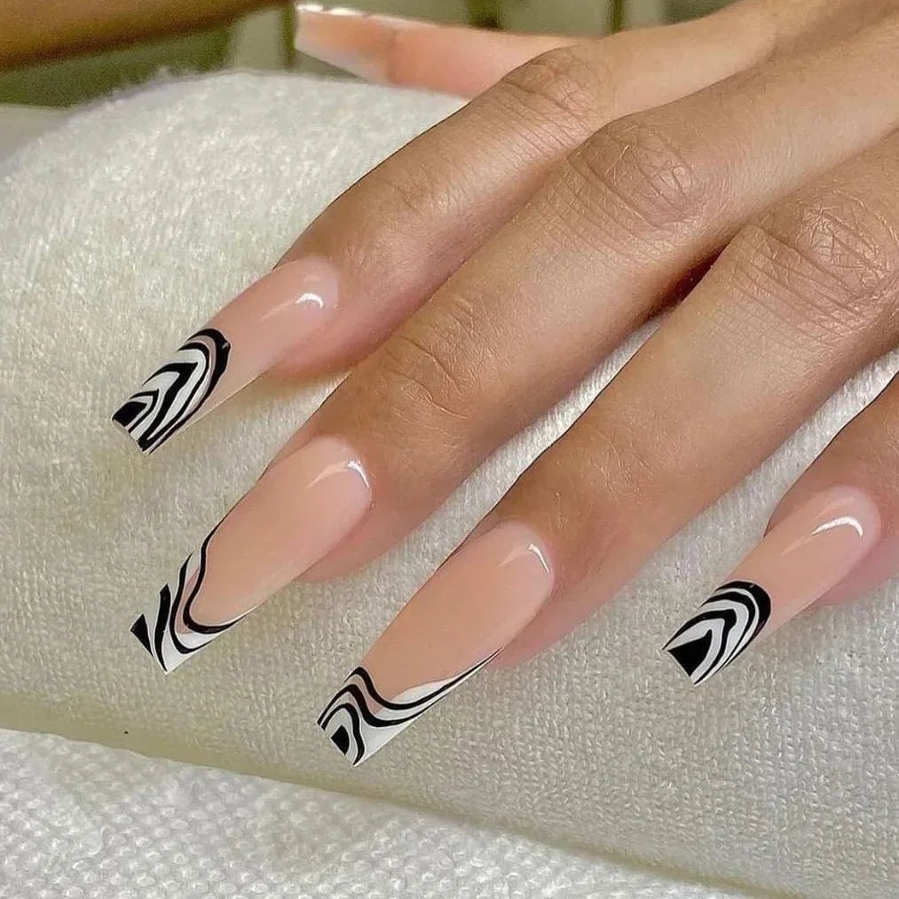 24Pcs Shimmery Long Coffin False Nails with Glue Ballerina Nail Design Sweet Fashion French Press on Acrylic Nails Manicure Tips
