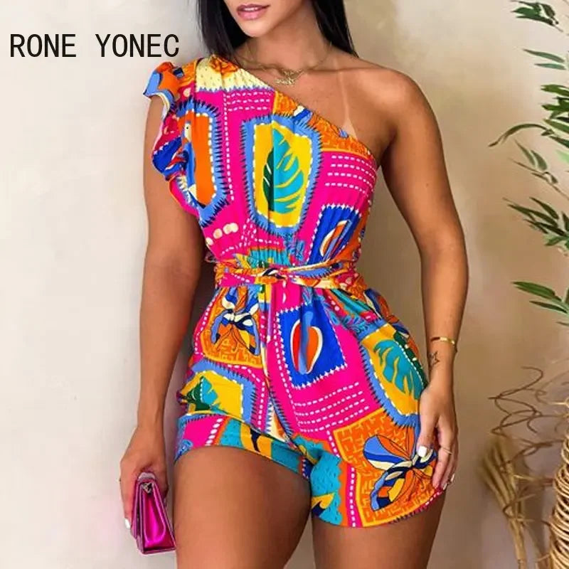 Women Chic All Over Print Diagonal Collar Lace Up One Shoudler Flying Sleeves Rompers