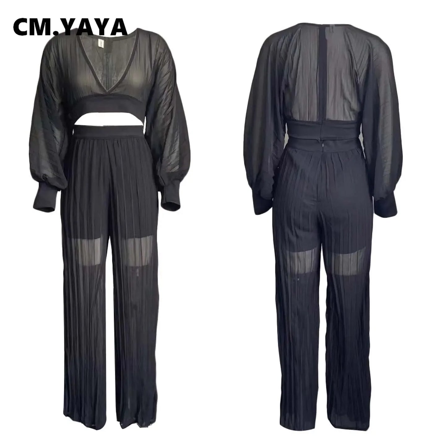 CM.YAYA Pleated Women Tracksuit Solid See-through Pleated Batwing Crop Tops and Wide Leg Pants Two 2 Piece Set Fashion Outfit
