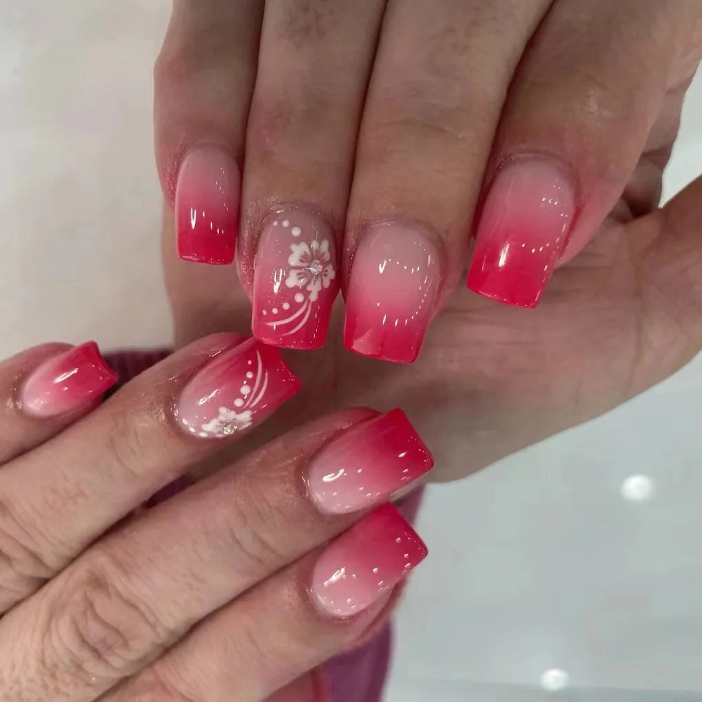 24Pcs Pink French Style Press on Nails with White Flower Print Short Square Head False Nails Simple Wearable Artificial Nails Art