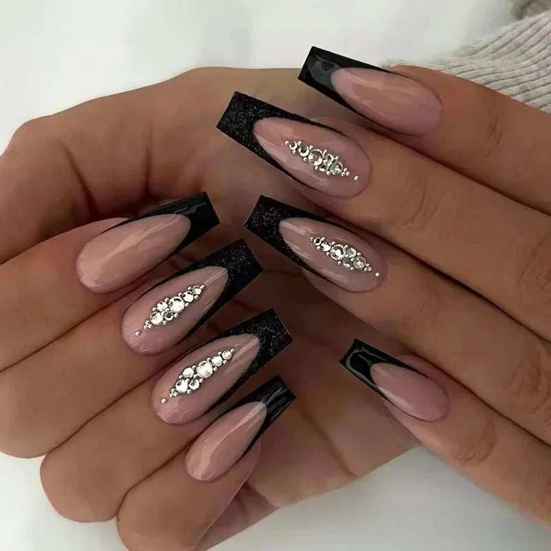 24Pcs Shimmery Long Coffin False Nails with Glue Ballerina Nail Design Sweet Fashion French Press on Acrylic Nails Manicure Tips