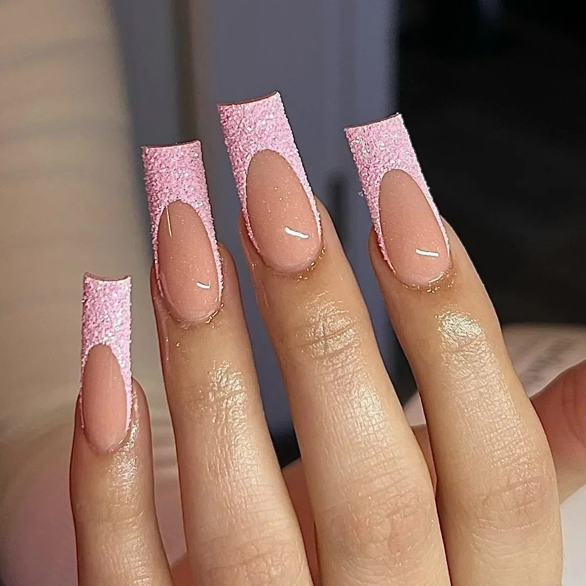 24Pcs Shimmery Long Coffin False Nails with Glue Ballerina Nail Design Sweet Fashion French Press on Acrylic Nails Manicure Tips
