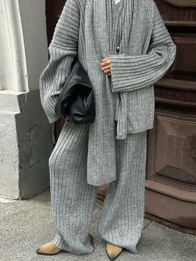 Oversize Knitted Women's Set V-Neck Full Sleeve Scarf Pullover Long Trousers Casual Loose Lady Suit for Autumn