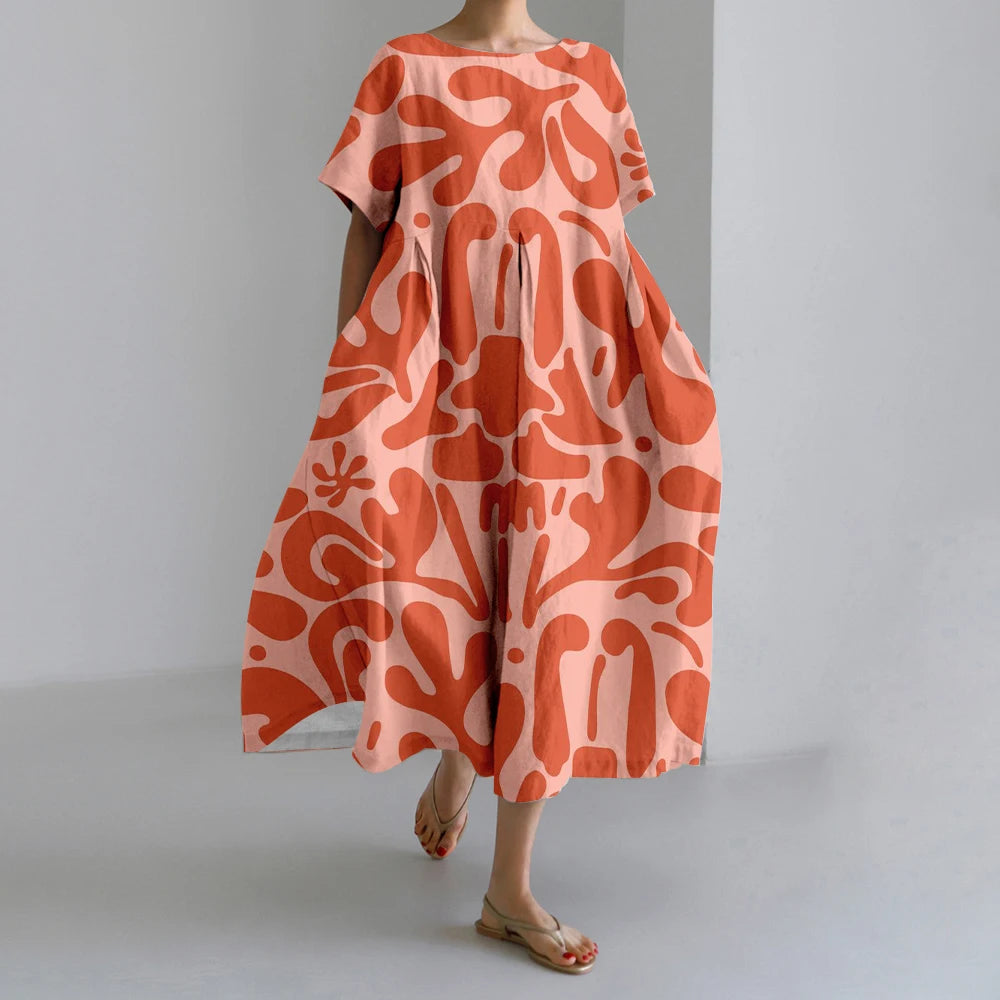 New Summer Womens Dresses Exquisite Elegant Round Neck Short Sleeve Long Pink Spotted Irregular Printed Comfortable Midi Dresses