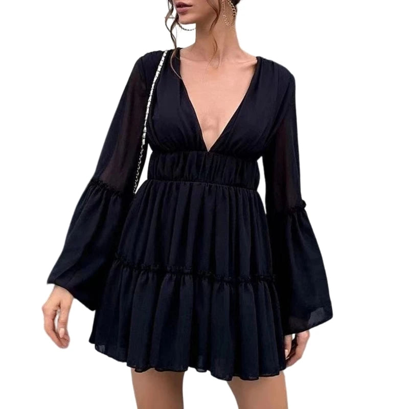 Summer Sun-dress Women Solid Color Seaside Dress Deep V-neck Long Sleeve Loose Sexy Sexy Style Polyester Maxi Dress