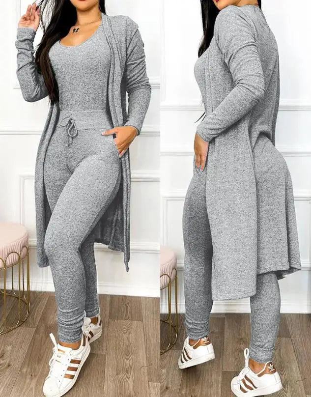 Two Piece Set Women Outfit Spring Fashion Drawstring Pocket Design U-Neck Sleeveless Skinny Jumpsuit & Long Sleeve Coat Set