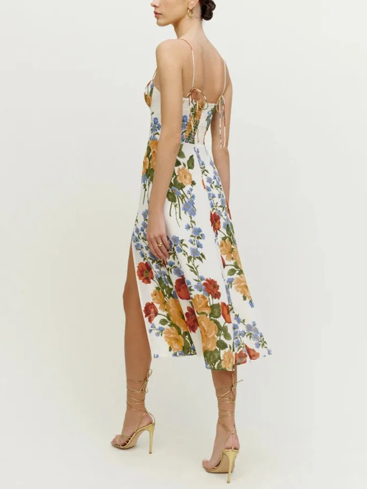 Summer Dresses For Women Spaghetti Strap Sundress Vintage Floral Print Elegant Wedding Guest Party Midi Dress With Slit