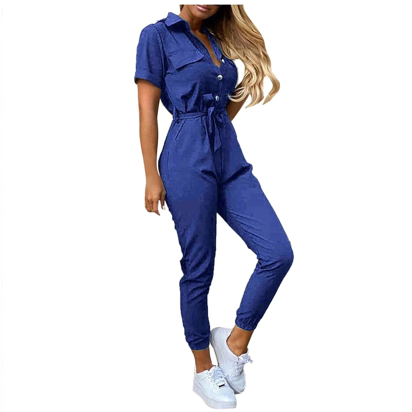Women's Casual Lapel Lace-Up Printed Belt Short Sleeve Jumpsuit Summer Fashion Workwear Keep Short Eye Catching Junior Size
