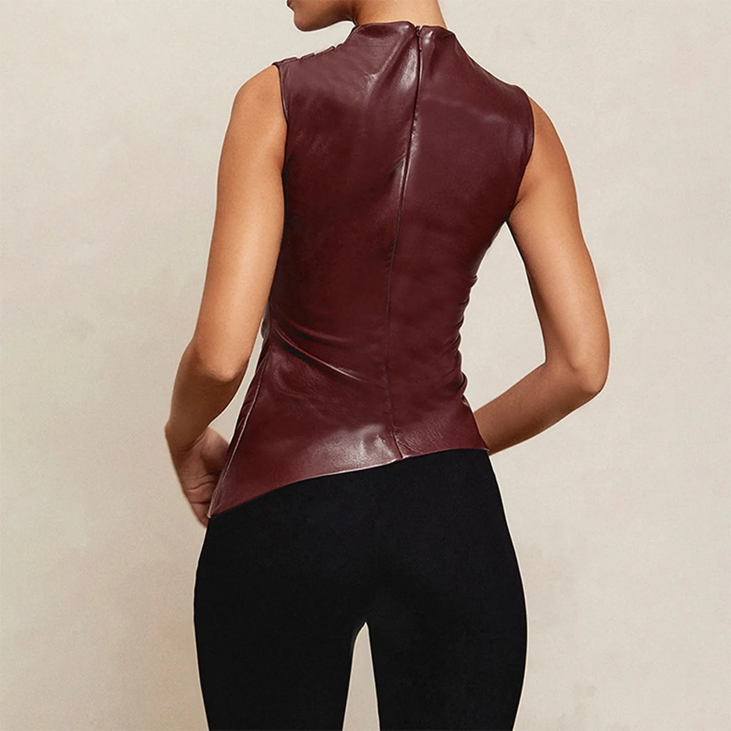 PU Leather Tank Tops Women Summer Sleeveless Pleated Slim Female Top Sexy Sheath Zipper Elastic Lady Ruched Shirt Streetwear
