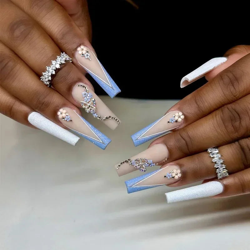 24Pcs Shimmery Long Coffin False Nails with Glue Ballerina Nail Design Sweet Fashion French Press on Acrylic Nails Manicure Tips