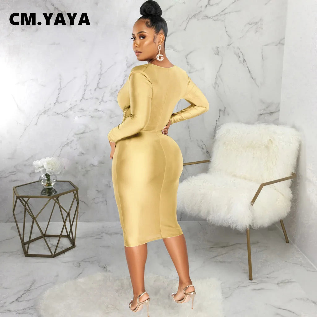 CM.YAYA Women V-neck Elegant Long Sleeve Midi Dress 2024 Winter Ruched OL Streetwear Africa Party Club Dresses Vestidos