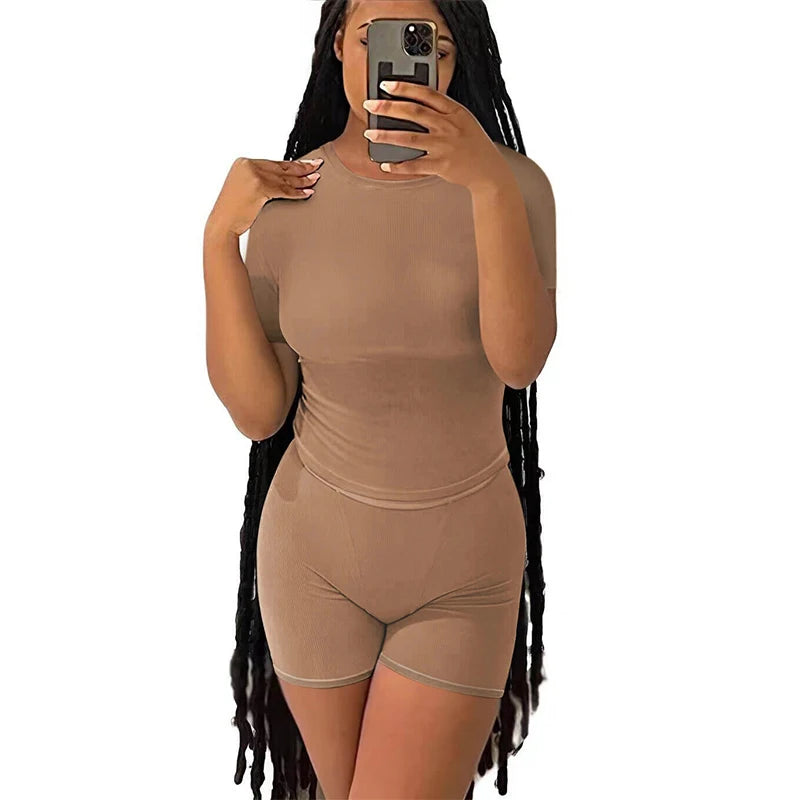 Casual Workout Two Piece Outfits for Women Fitted Crew Neck T-shirt High Waist pants Matching Sets Streetwear