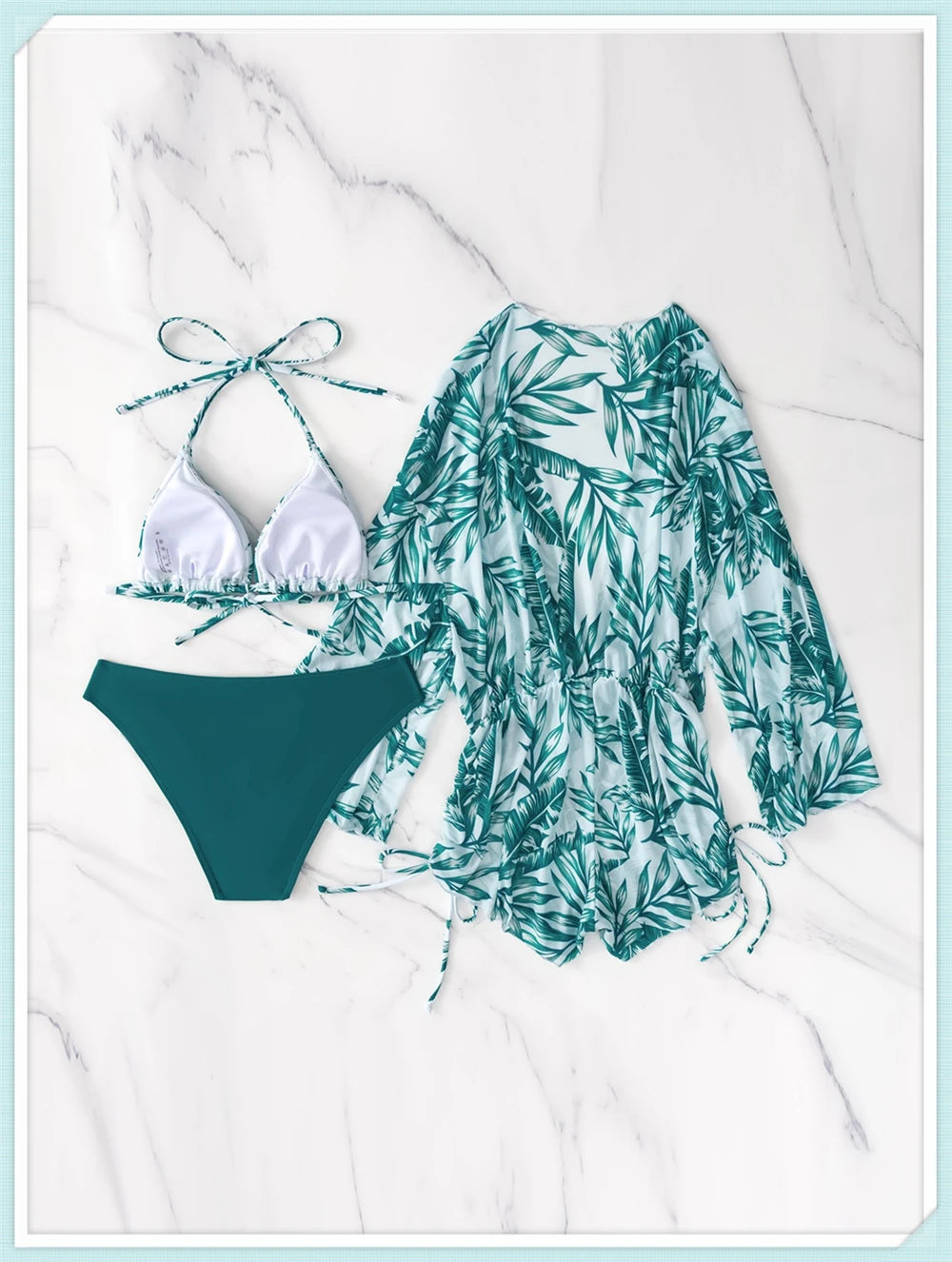 3 pieces Halter Bikini Tropical Print Swimsuit Drawstring Side Swimwear Women Long Sleeve Bathing Suit Female Swimming Beachwear