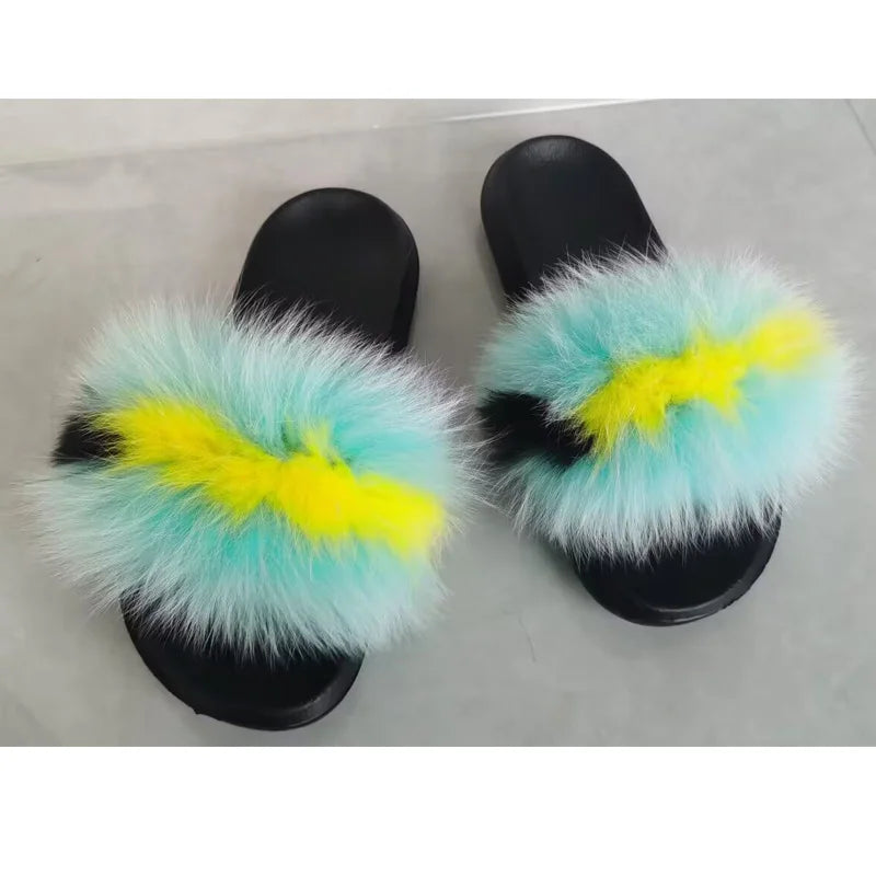 Hot Sale Summer Women Fox Fur Slippers Furry Slippers Designer Fur Slides Girls Black Fur Slides Gorgeous Big Fur Slides Sandal