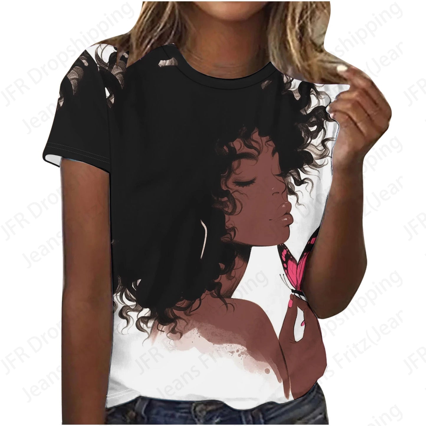 Sexy 3D Print Africa Women T-Shirt Black Large Size Short Sleeve Fashion Top for Females Eye Catching Graphic Design