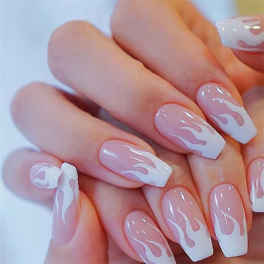 24Pcs/Set Press on Nails Gradient Point Drill Ballet Wearing False Nails Long French Stick on Nail Artificial Acrylic Fake Nails
