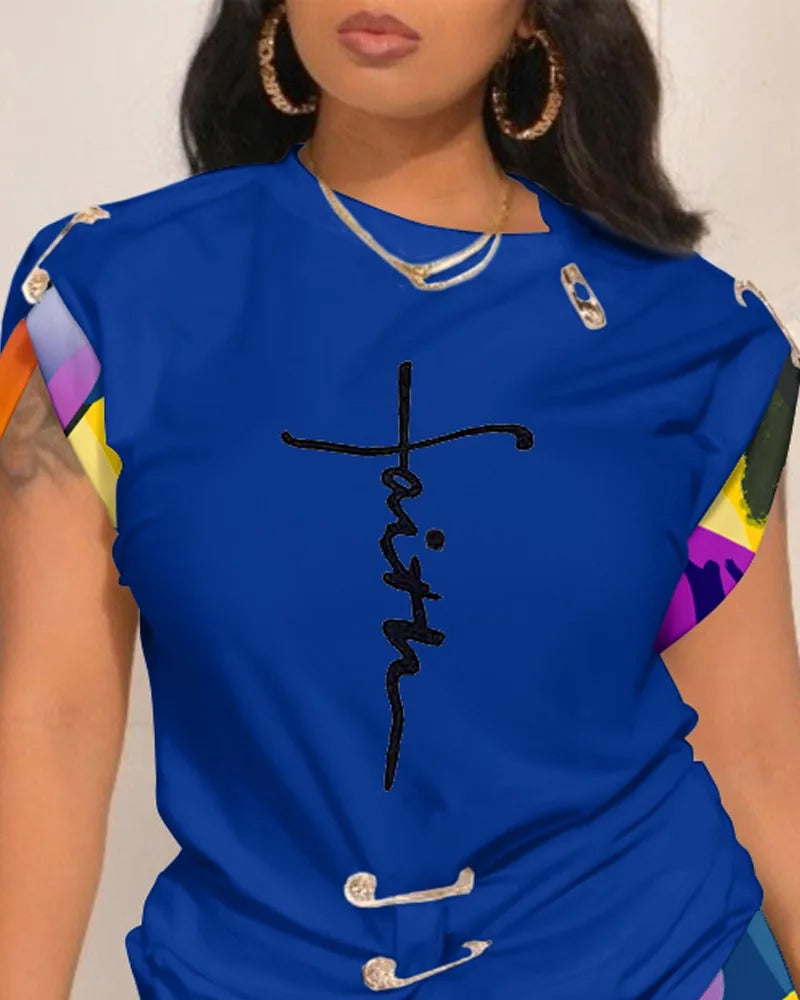 Casual Short Sleeve Tshirt Shorts Set Office Lady Spring Summer Fashion O-neck Letter Print Two Piece Set Women Outfit 2023