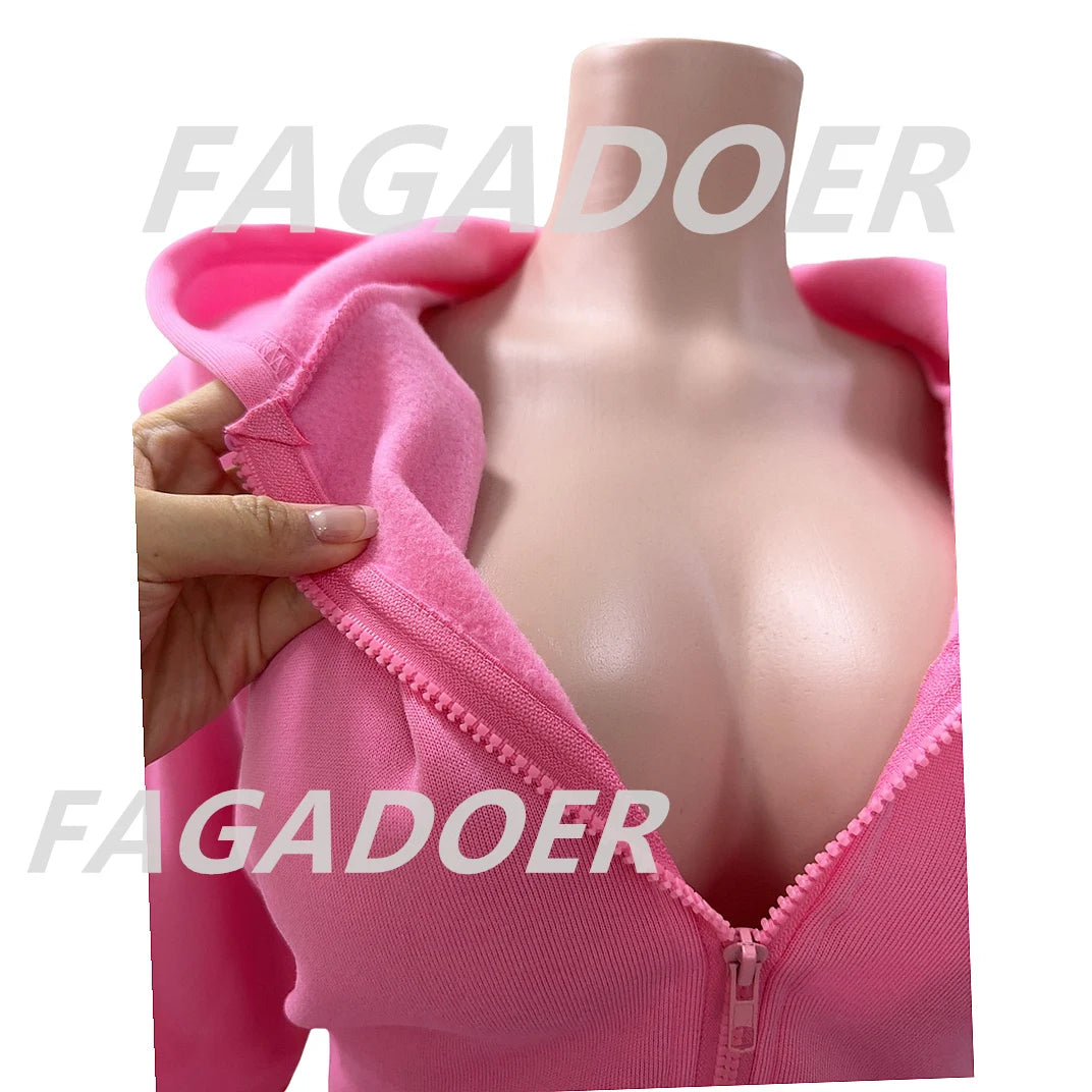 FAGADOER Autumn New Pink Two Piece Set Women Casual Outfits Long Sleeve Zip Hoodies Top and Shorts Suits Girls Sports Streetwear