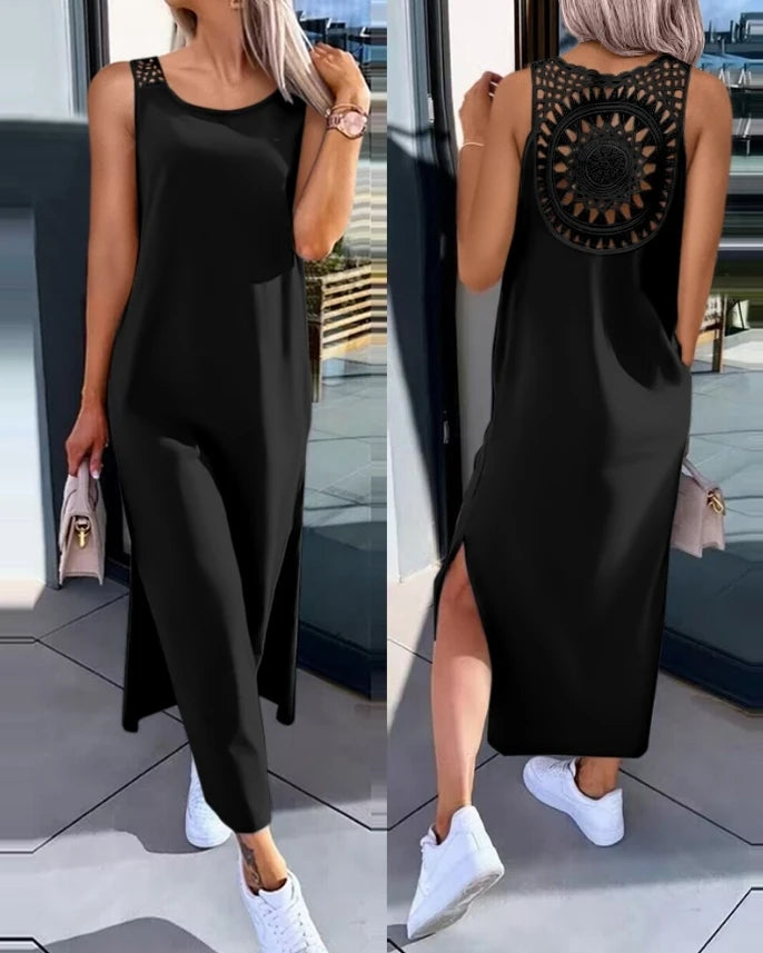 Women's Sleeveless round Neck Mid-Calf Dress Summer 2024 Fashion Slit Hollow-Out Casual Straight Dress for Daily Wear