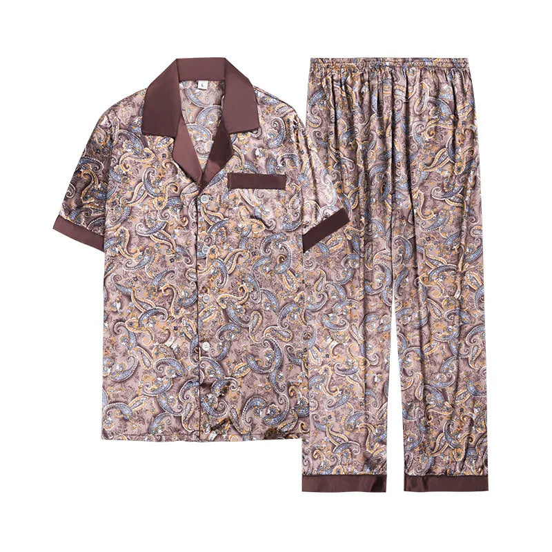 Spring Summer Men Pajamas Sey Plus Size Sleepwear Trouser Pijamas Suit Loose Casual Print Silk Satin Home Clothes Lounge Wear