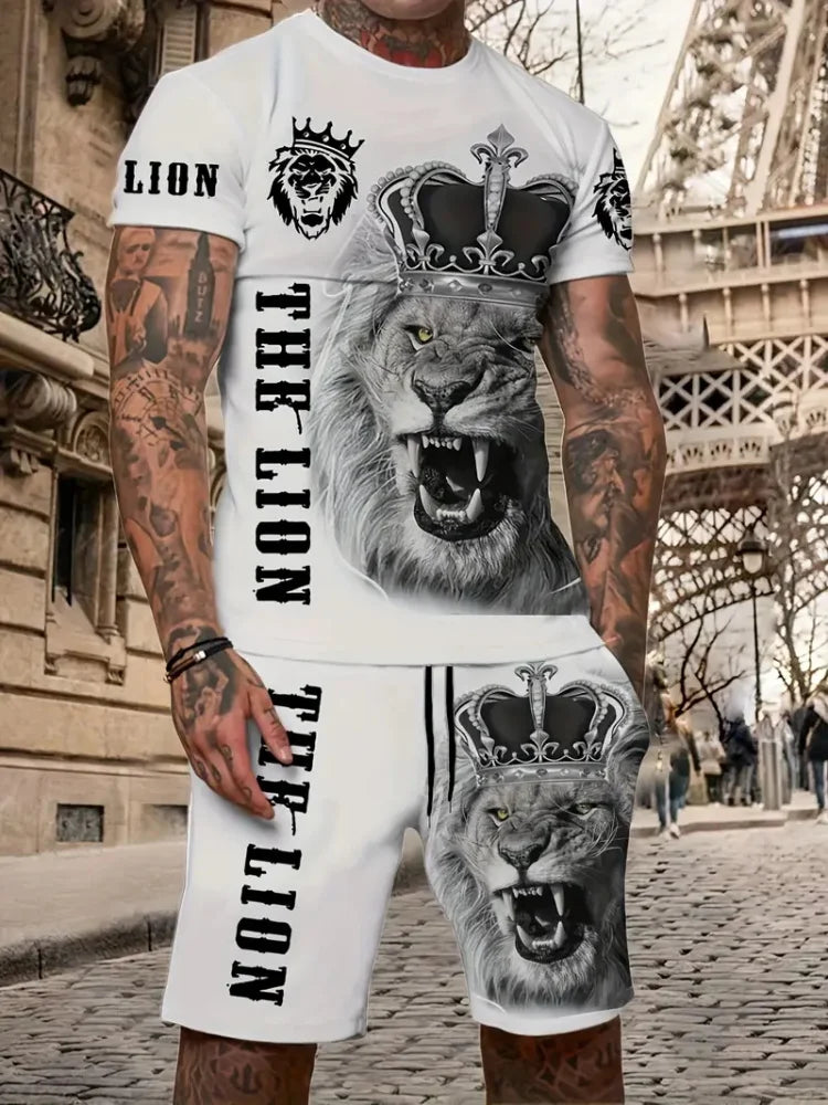 New Lion King 3D Printed Short Sleeve T-shirt Shorts 2 Piece Summer Men's Fashion Street Fashion Short Sleeve Suit Casual