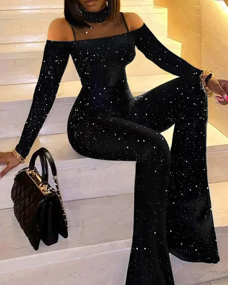 Women's Clothing Grid Stitching Jumpsuit Full Length Flare Pants Playsuit High Waist