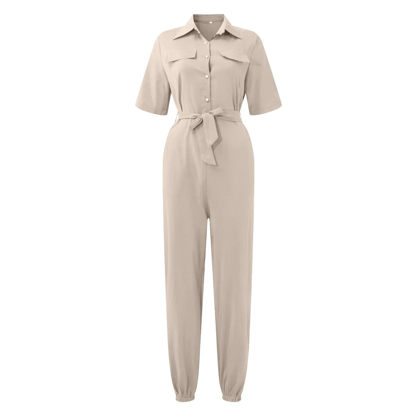 Women's Casual Lapel Lace-Up Printed Belt Short Sleeve Jumpsuit Summer Fashion Workwear Keep Short Eye Catching Junior Size