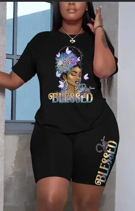 Summer Women Printing Casual T-Shirt Y2k Graphics Top Shorts Set Femme Short Sleeve Two Pieces Set Lady Daily Streetwear Outfits
