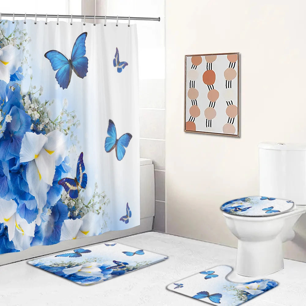 Butterfly Rose Flower Printed Waterproof Bathroom Shower Curtain Set Non-Slip Bath Mat Rug Sets Toilet Cover Bathroom Decor