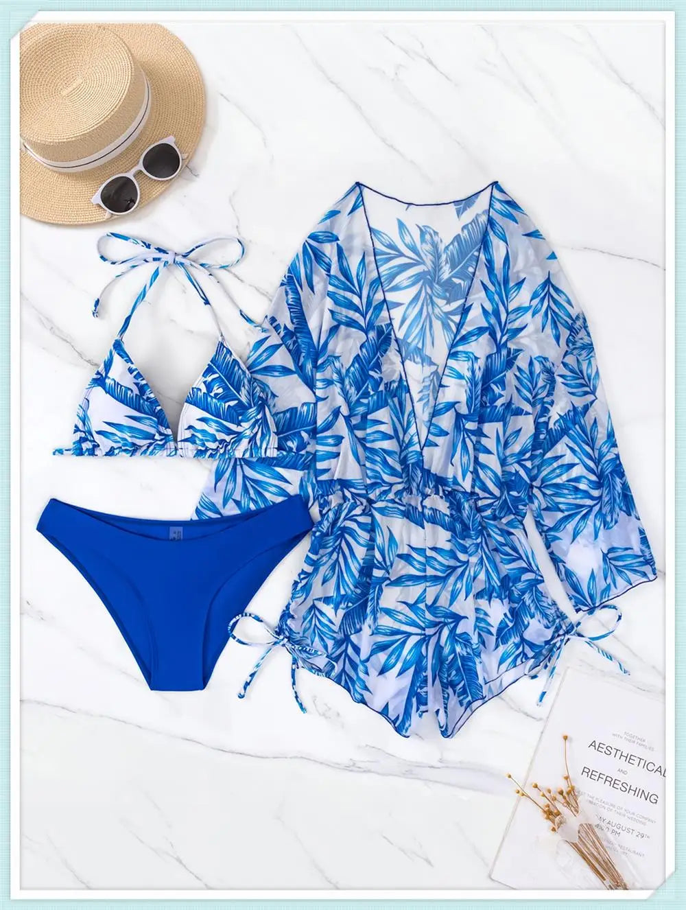 3 pieces Halter Bikini Tropical Print Swimsuit Drawstring Side Swimwear Women Long Sleeve Bathing Suit Female Swimming Beachwear