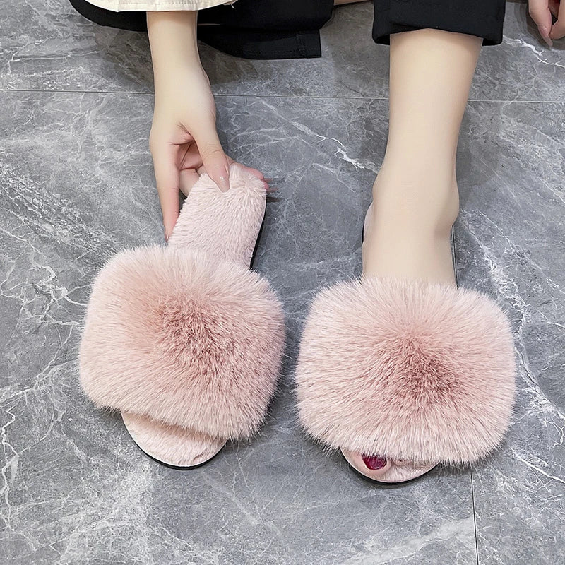 Women's Home Slippers Winter Pink Fur Kawaii Flats Furry Elegant Comfortable Soft Shoes for Woman and Low Price