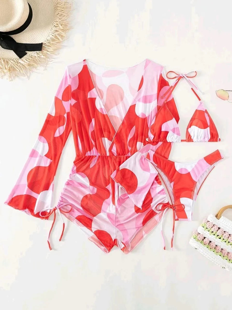 3 pieces Halter Bikini Tropical Print Swimsuit Drawstring Side Swimwear Women Long Sleeve Bathing Suit Female Swimming Beachwear